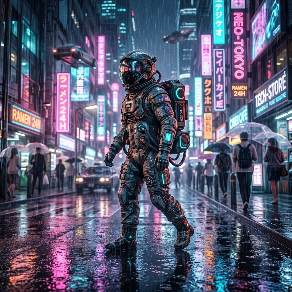 Cyborg Astronaut in Neon City