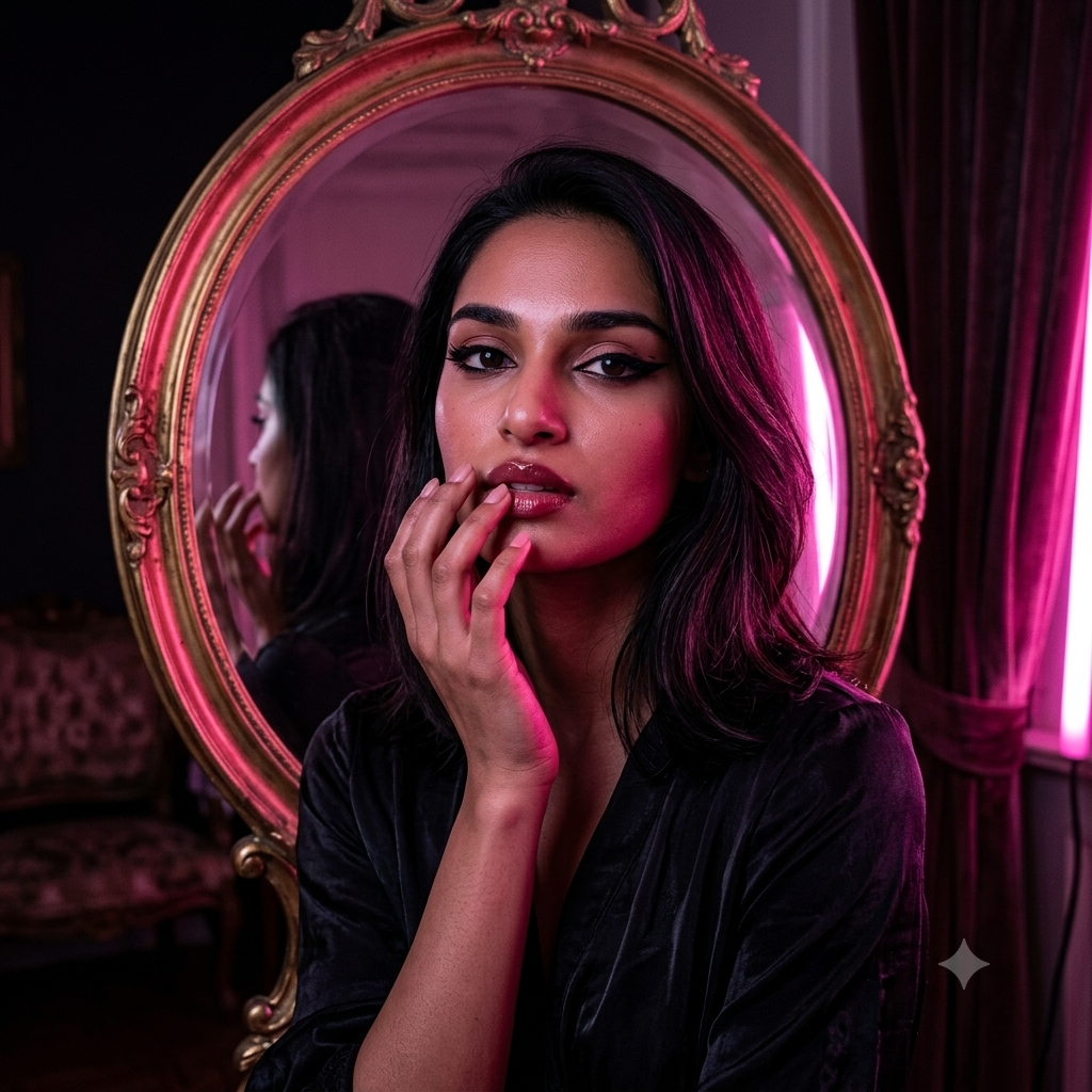 Neon Reflection: Vintage Mirror Editorial Portrait