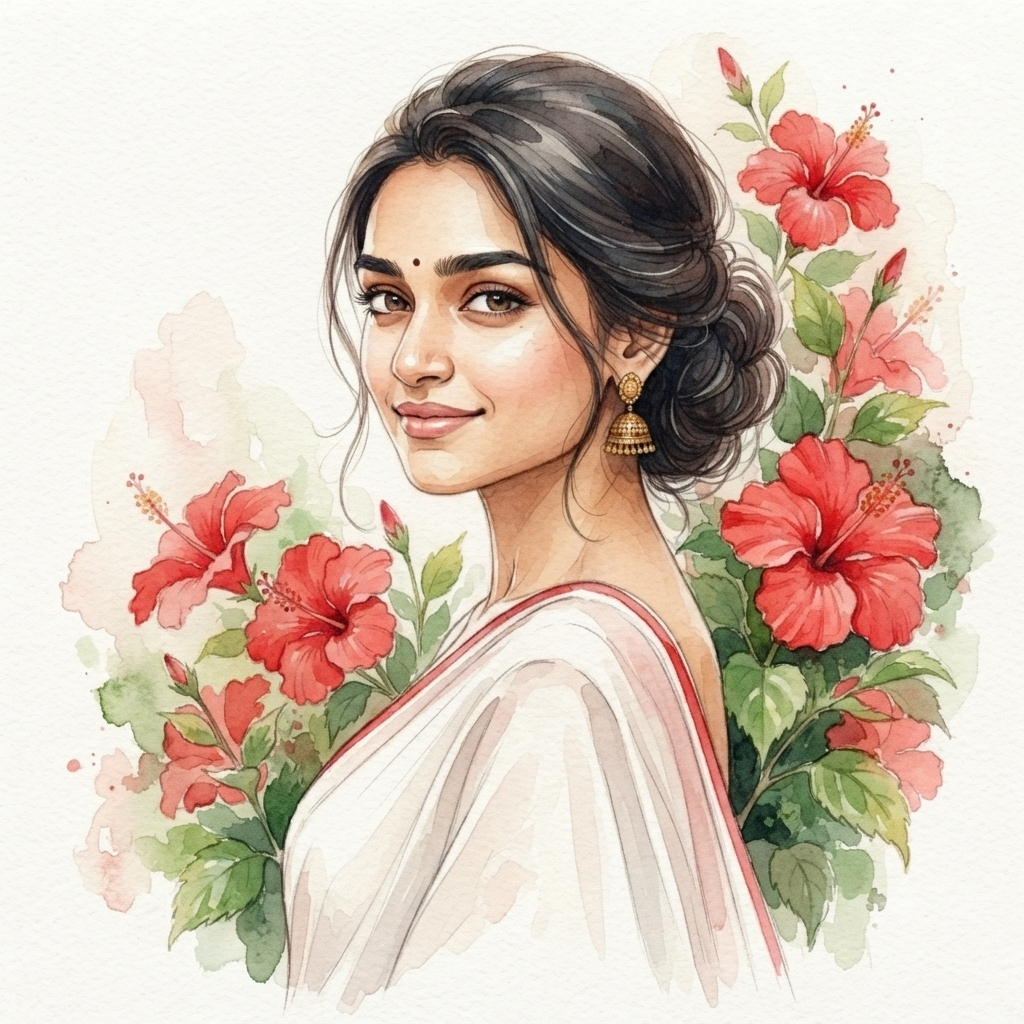 Elegant South Asian Watercolor Portrait | Soft Traditional Saree AI Prompt