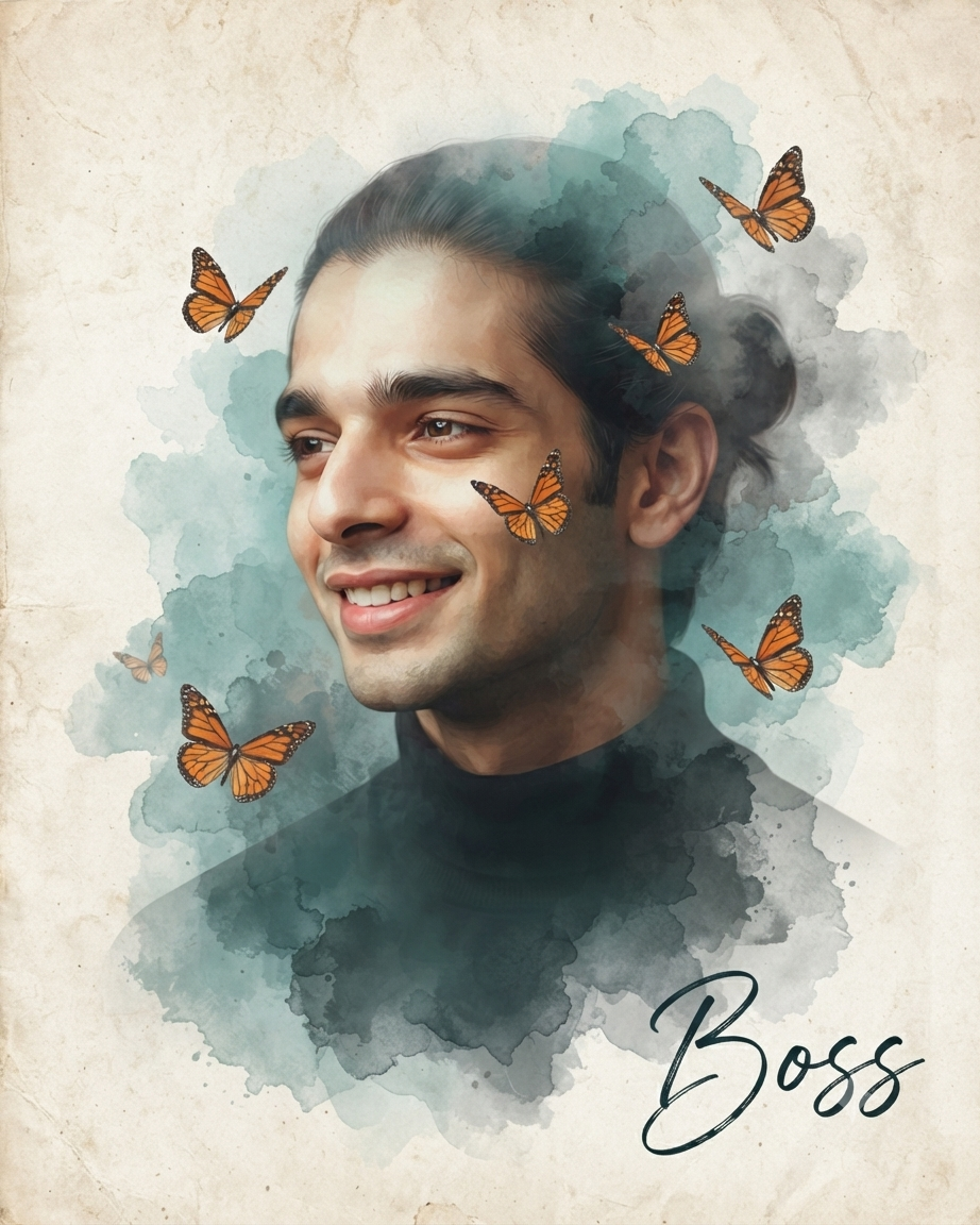 Dreamy Watercolor Butterfly Double Exposure Portrait